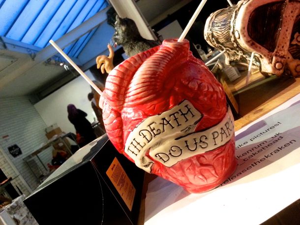 ceramic hand-painted heart with "till death do us part" detiailing