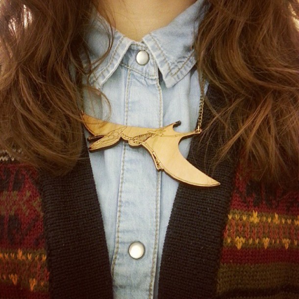 denim shirt with prerodactyl necklace by dinosaur yeah