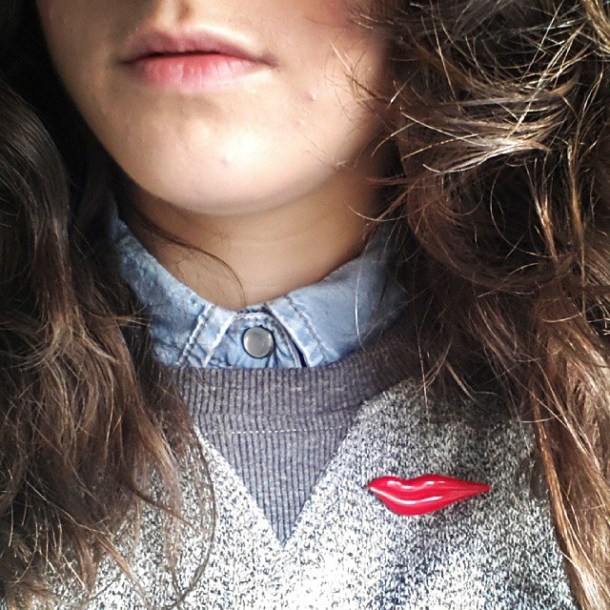 grey jumper with DVF for My Little Box UK broach