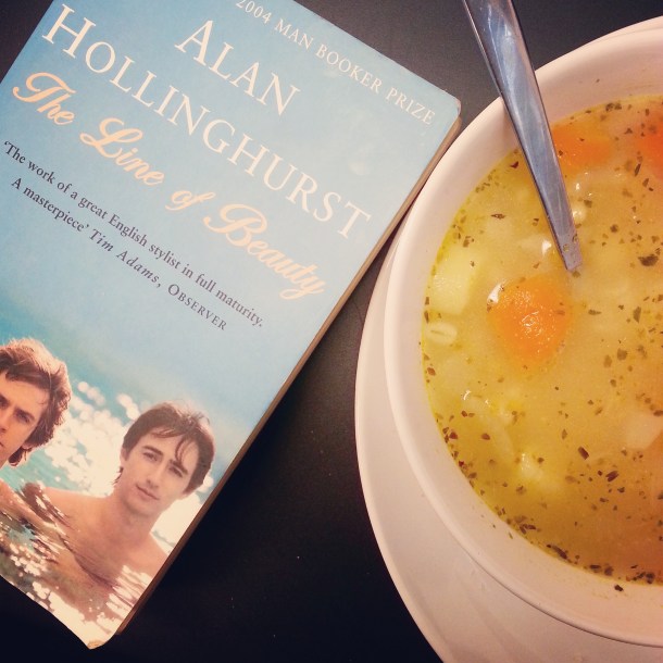 soup and a book for lunch