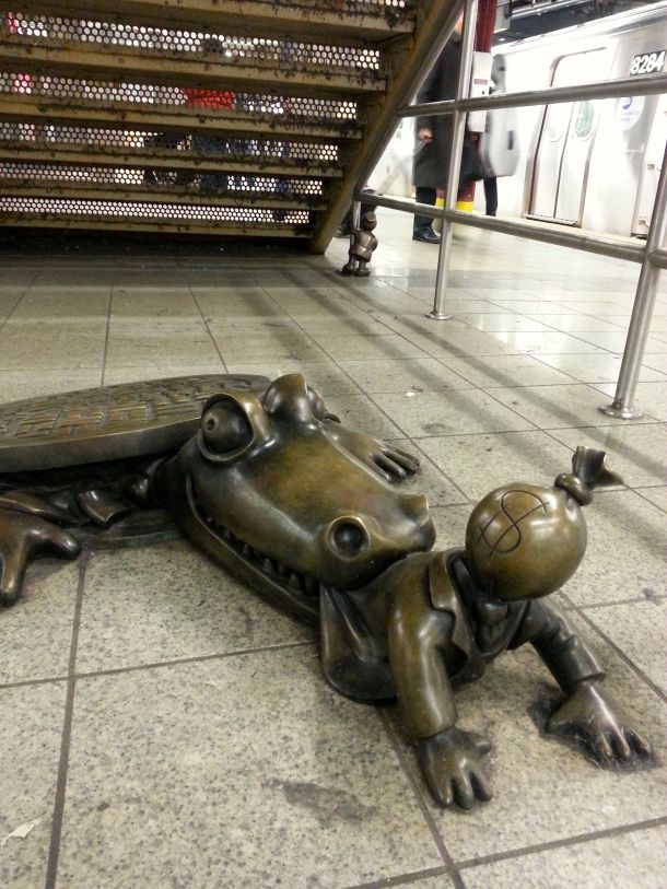 Spotted in the NYC metro! A 'Life Underground' bronze sculpture of a sewer alligator. 