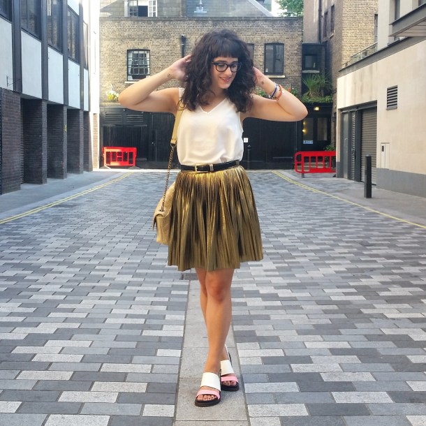 What I Wore - white v neck and gold skirt for summer 7
