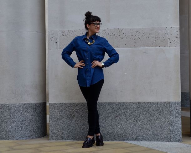 ASOS Pattern Cardigan in Maxi Drape Shape and ASOS Denim Boyfriend Shirt with Dr Martens Loafers and All Saints Jeans - Call Me Katie - 18