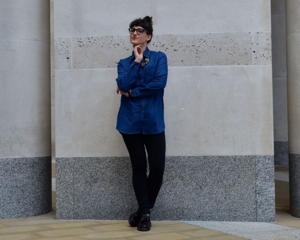 ASOS Pattern Cardigan in Maxi Drape Shape and ASOS Denim Boyfriend Shirt with Dr Martens Loafers and All Saints Jeans - Call Me Katie - 19