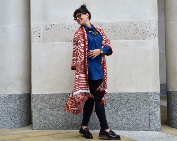 ASOS Pattern Cardigan in Maxi Drape Shape and ASOS Denim Boyfriend Shirt with Dr Martens Loafers and All Saints Jeans - Call Me Katie - 21