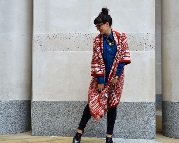 ASOS Pattern Cardigan in Maxi Drape Shape and ASOS Denim Boyfriend Shirt with Dr Martens Loafers and All Saints Jeans - Call Me Katie - 23