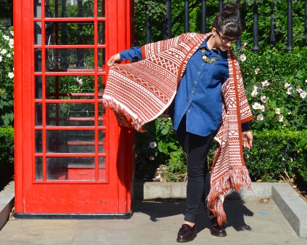 ASOS Pattern Cardigan in Maxi Drape Shape and ASOS Denim Boyfriend Shirt with Dr Martens Loafers and All Saints Jeans - Call Me Katie - 24