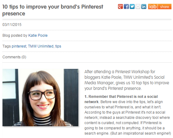 Published in Internet Advertising Bureau UK's Blog: 10 tips to improve your brand's Pinterest presence 3rd November 2015