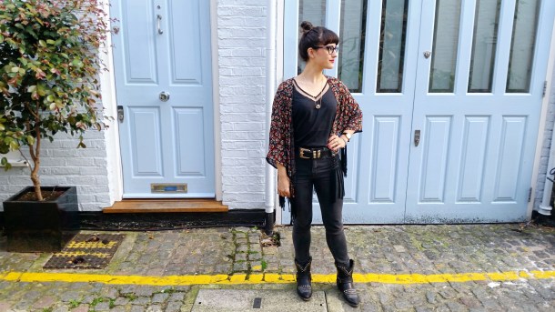 Call Me Katie - What I Wore - Ichi Marble Pendant Necklace, ASOS V neck vest top, All Saints high waist skinny jeans and cowgirl boots - 2