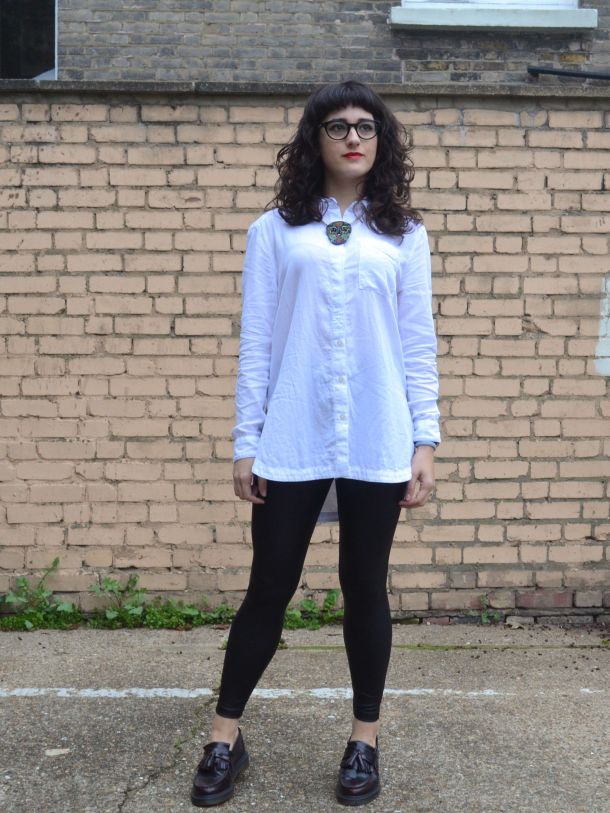 Call Me Katie - wearing black leather style leggings with an oversized white boyfriend shirt and fitted black jumper for a day to night office look - 01