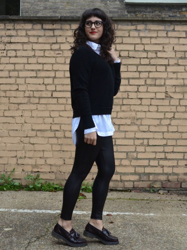 Call Me Katie - wearing black leather style leggings with an oversized white boyfriend shirt and fitted black jumper for a day to night office look - 08