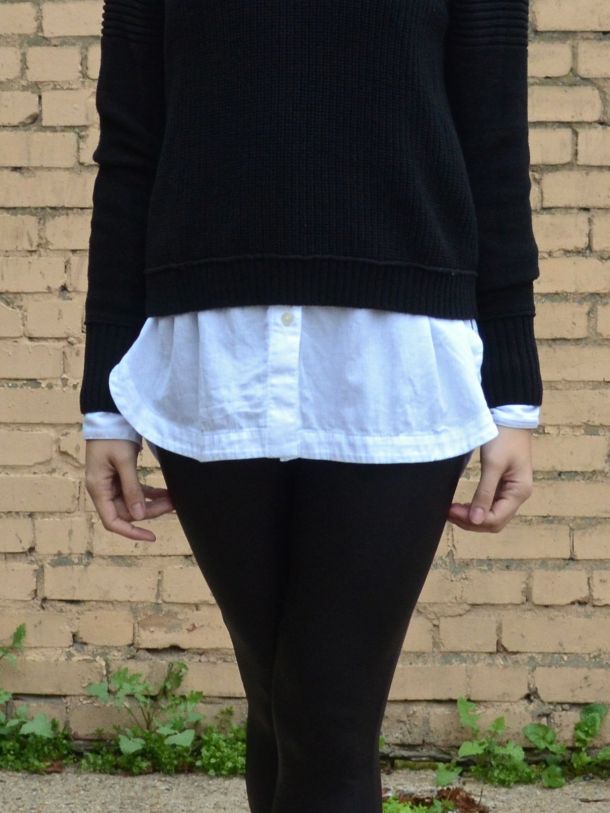 Call Me Katie - wearing black leather style leggings with an oversized white boyfriend shirt and fitted black jumper for a day to night office look - 09