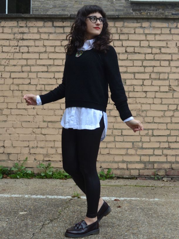 Call Me Katie - wearing black leather style leggings with an oversized white boyfriend shirt and fitted black jumper for a day to night office look - 10