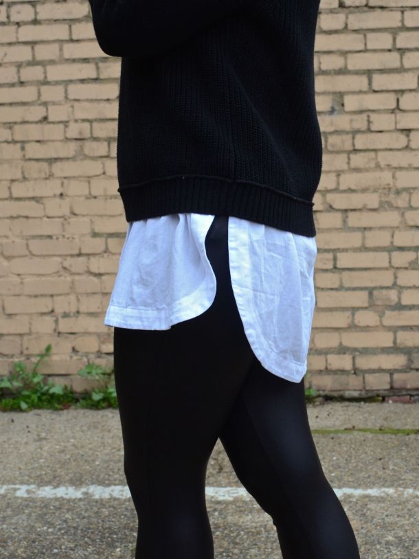 Call Me Katie - wearing black leather style leggings with an oversized white boyfriend shirt and fitted black jumper for a day to night office look - 13