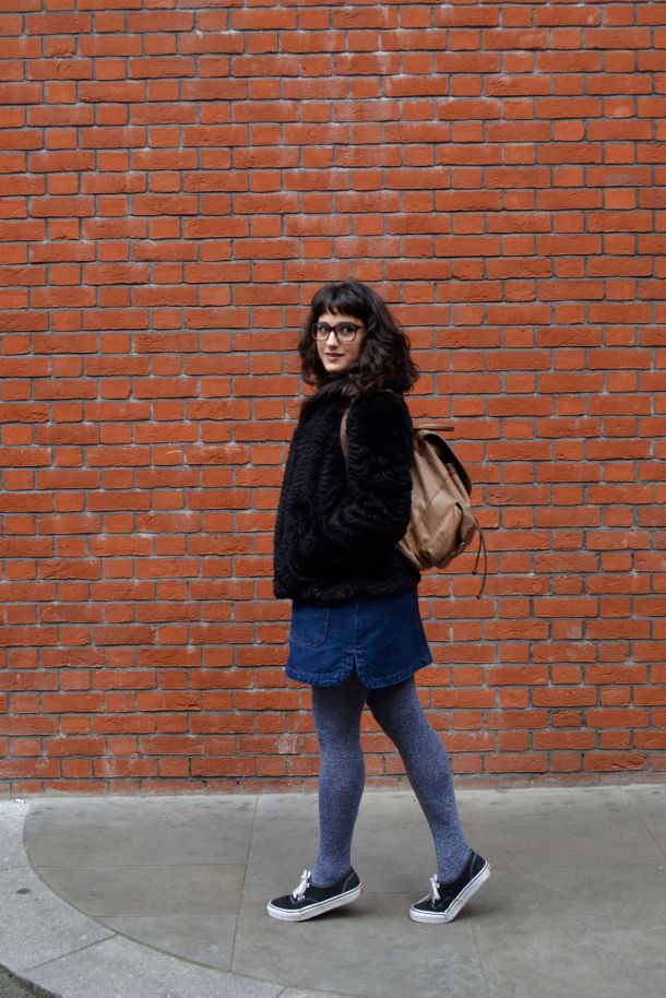 Call Me Katie - denim pinafore pull over dress with striped turtleneck, thick tights and flat shoes for a winter daytime look - 04