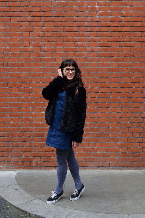 Call Me Katie - denim pinafore pull over dress with striped turtleneck, thick tights and flat shoes for a winter daytime look - 05