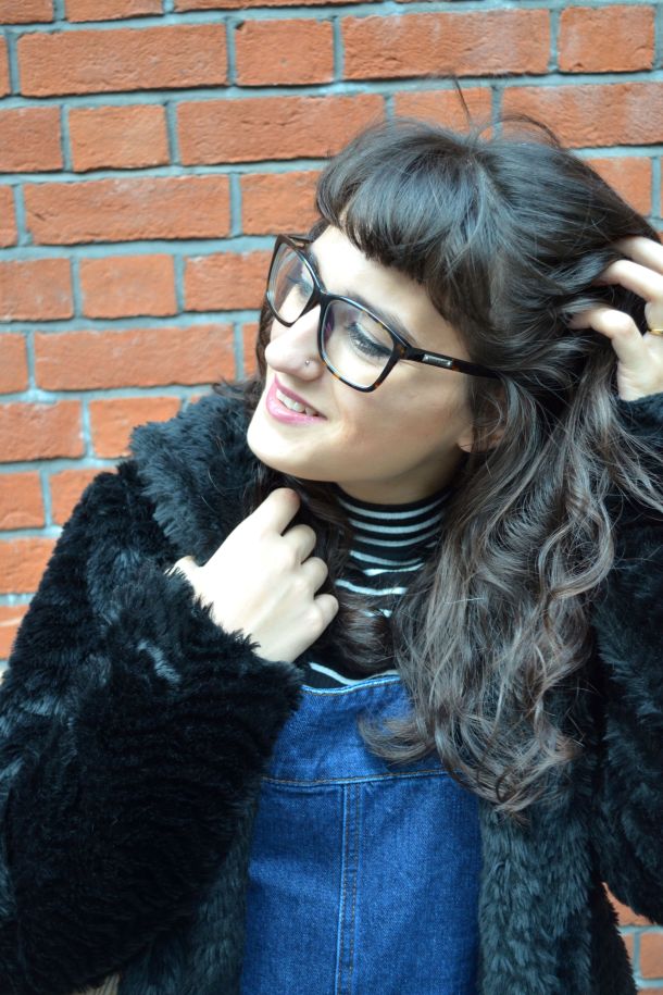 Call Me Katie - denim pinafore pull over dress with striped turtleneck, thick tights and flat shoes for a winter daytime look - 06