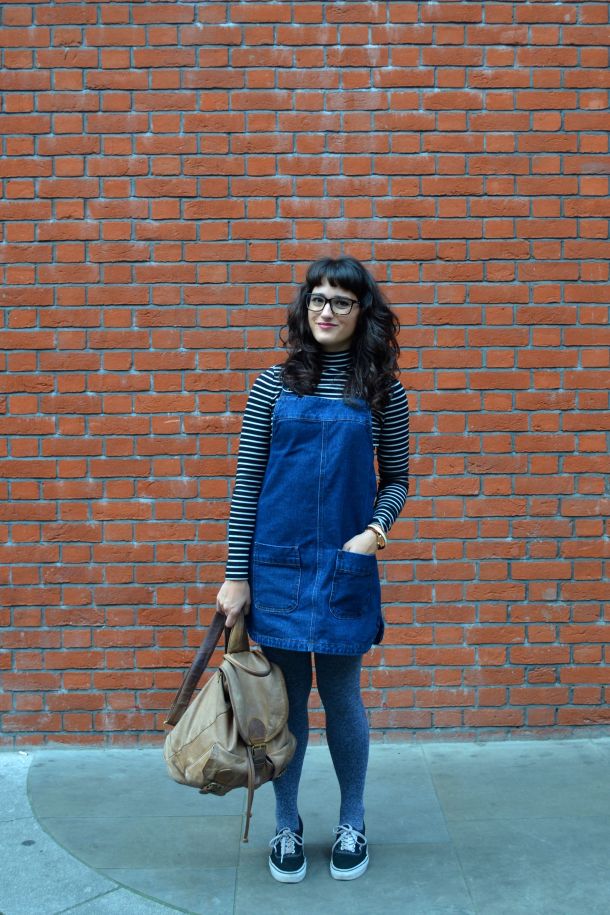 Call Me Katie - denim pinafore pull over dress with striped turtleneck, thick tights and flat shoes for a winter daytime look - 07