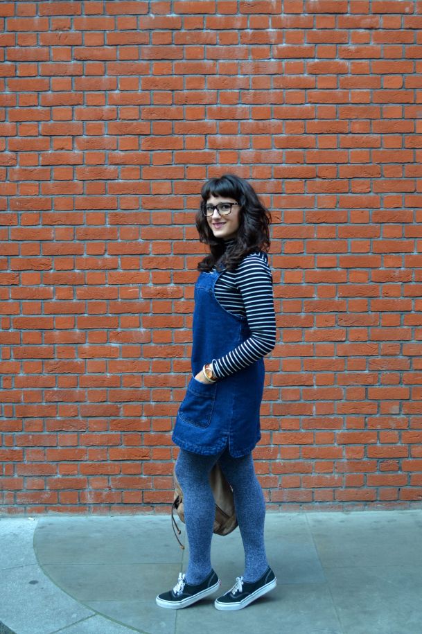 Call Me Katie - denim pinafore pull over dress with striped turtleneck, thick tights and flat shoes for a winter daytime look - 08