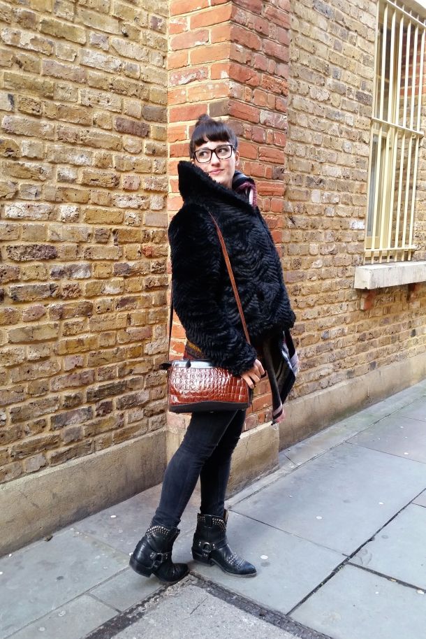 Call Me Katie - What I Wore: black skinny jeans, Frye cowgirl boots, faux leather coat and a blanket scarf for a cosy Sunday brunch look - 03