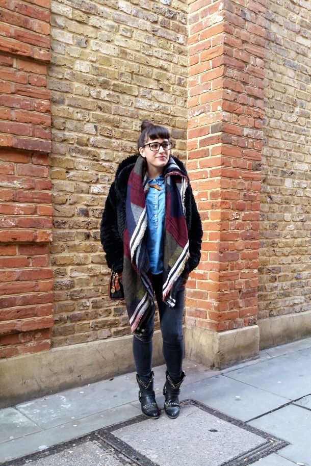 Call Me Katie - What I Wore: black skinny jeans, Frye cowgirl boots, faux leather coat and a blanket scarf for a cosy Sunday brunch look - 04