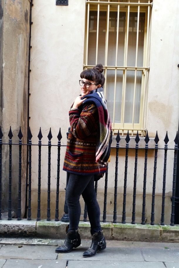 Call Me Katie - What I Wore: black skinny jeans, Frye cowgirl boots, faux leather coat and a blanket scarf for a cosy Sunday brunch look - 09