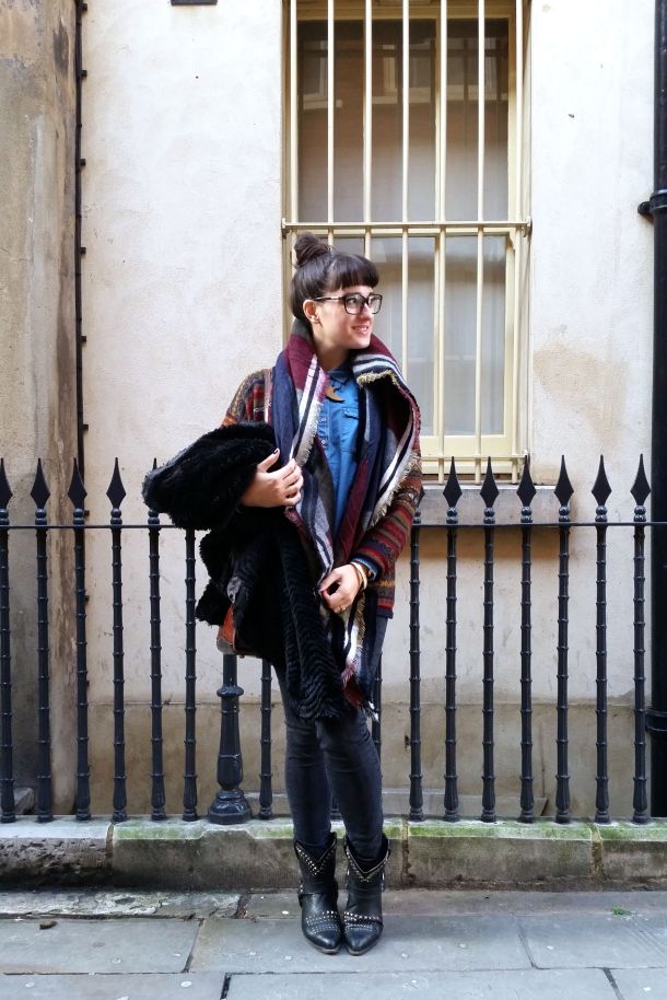 Call Me Katie - What I Wore: black skinny jeans, Frye cowgirl boots, faux leather coat and a blanket scarf for a cosy Sunday brunch look - 11