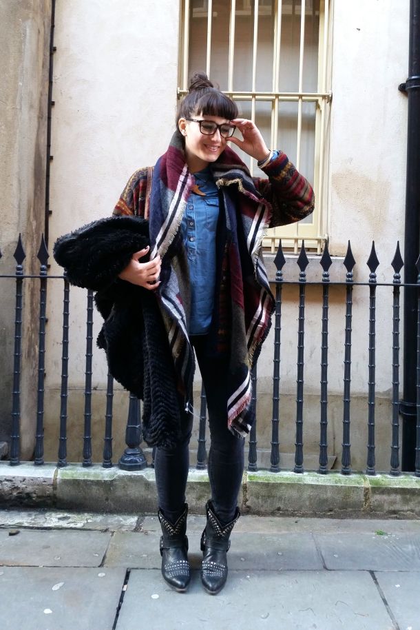 Call Me Katie - What I Wore: black skinny jeans, Frye cowgirl boots, faux leather coat and a blanket scarf for a cosy Sunday brunch look - 13