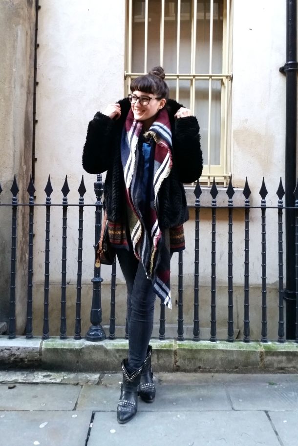Call Me Katie - What I Wore: black skinny jeans, Frye cowgirl boots, faux leather coat and a blanket scarf for a cosy Sunday brunch look - 15