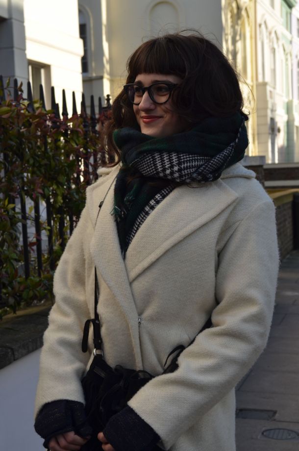 Call Me Katie - White winter coat, black skinny jeans, Dr Martens loafers, black sweater, Maison Scotch button down shirt, bracelets by Whistle and Bango and a Casio watch via ASOS for a weekend or casual office look - 06