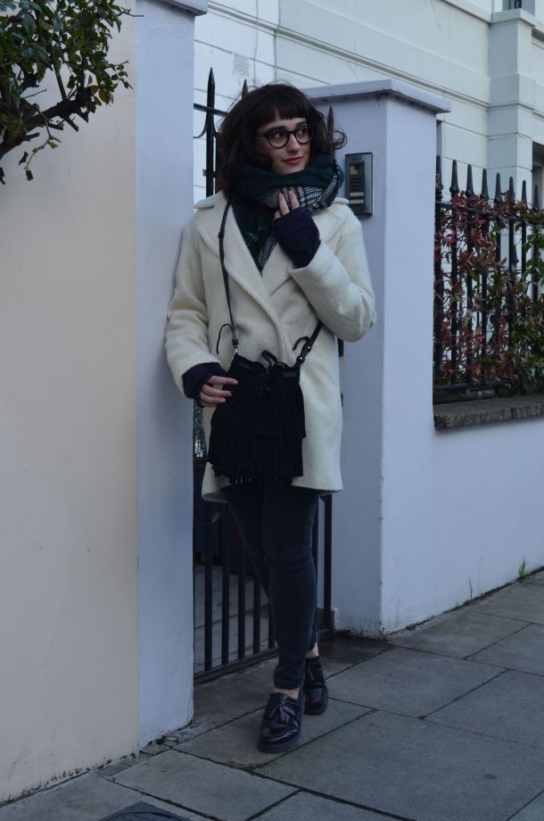 Call Me Katie - White winter coat, black skinny jeans, Dr Martens loafers, black sweater, Maison Scotch button down shirt, bracelets by Whistle and Bango and a Casio watch via ASOS for a weekend or casual office look - 04