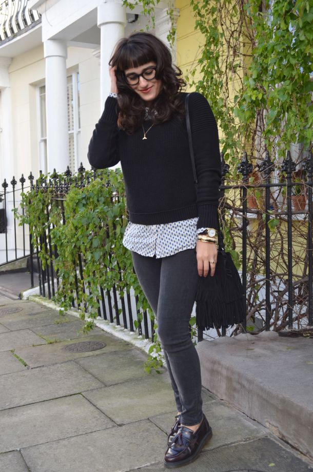 Call Me Katie - White winter coat, black skinny jeans, Dr Martens loafers, black sweater, Maison Scotch button down shirt, bracelets by Whistle and Bango and a Casio watch via ASOS for a weekend or casual office look - 16