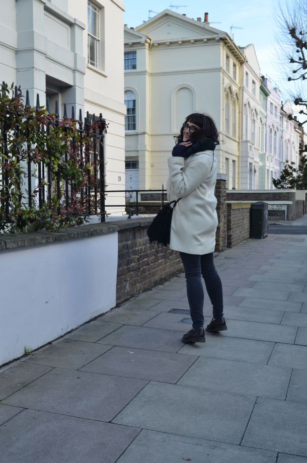 Call Me Katie - White winter coat, black skinny jeans, Dr Martens loafers, black sweater, Maison Scotch button down shirt, bracelets by Whistle and Bango and a Casio watch via ASOS for a weekend or casual office look - 05