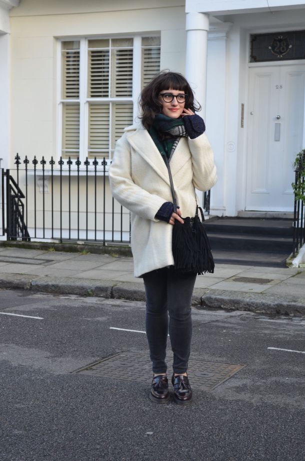 Call Me Katie - White winter coat, black skinny jeans, Dr Martens loafers, black sweater, Maison Scotch button down shirt, bracelets by Whistle and Bango and a Casio watch via ASOS for a weekend or casual office look - 12