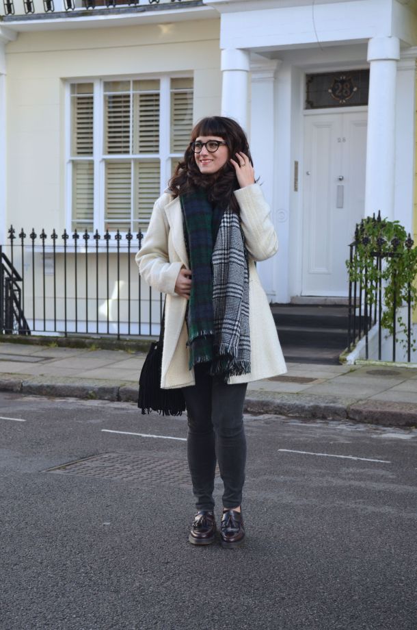 Call Me Katie - White winter coat, black skinny jeans, Dr Martens loafers, black sweater, Maison Scotch button down shirt, bracelets by Whistle and Bango and a Casio watch via ASOS for a weekend or casual office look - 14