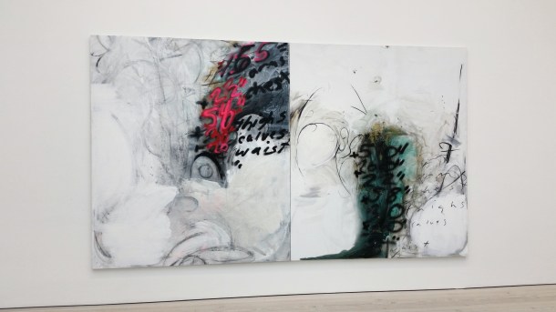 Call Me Katie - Champagne Life at Saatchi Gallery in London, January to March 2016, artwork is Phil 'The Gift' and Jay 'Cuts' (Ideal Proportions) by Suzanne McClelland