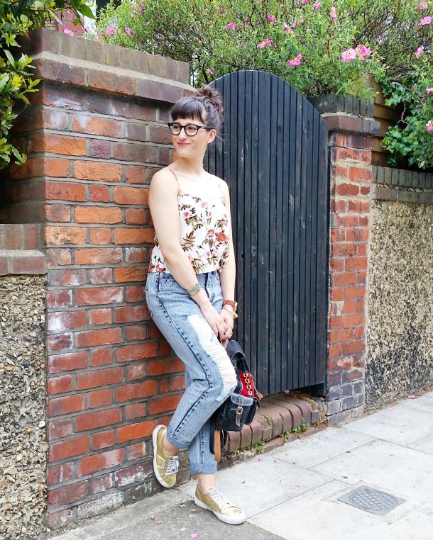 Call Me Katie - Lost Ink cropped floral cami with ripped mom jeans by Noisy May and gold Superga sneakers via ASOS for a spring look to wear to Sunday lunch weekend style 11