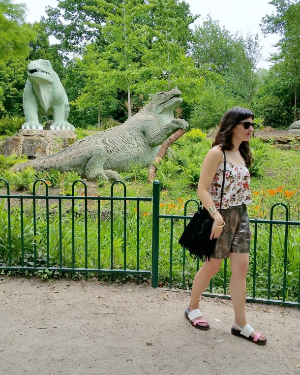 Call Me Katie - What I Wore - gold leather shorts and a palm print vest top for a weekend walk in the park 1