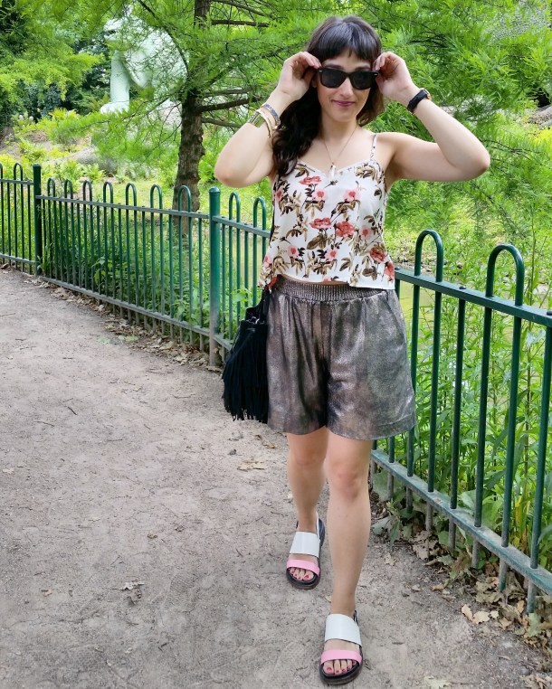 Call Me Katie - What I Wore - gold leather shorts and a palm print vest top for a weekend walk in the park 5