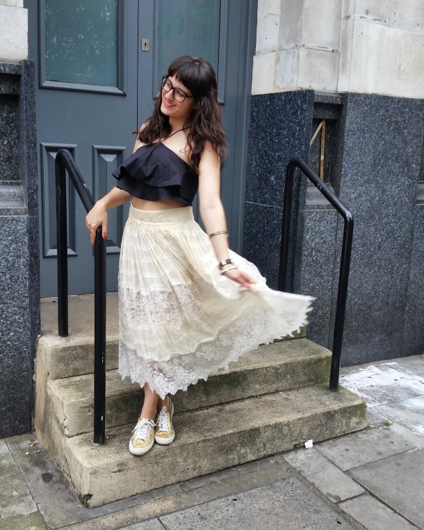 Call Me Katie - What I Wore - Lace Skirt and Zara crop top with gold trainers for a weekend look 3