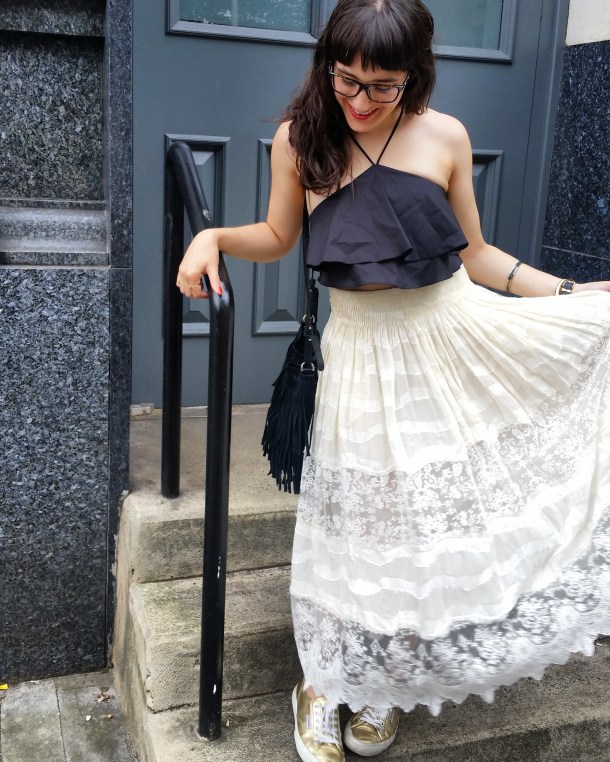 Call Me Katie - What I Wore - Lace Skirt and Zara crop top with gold trainers for a weekend look 5