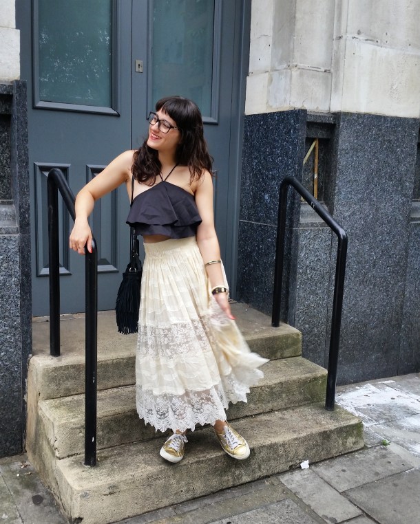 Call Me Katie - What I Wore - Lace Skirt and Zara crop top with gold trainers for a weekend look 6