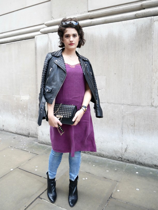 Call Me Katie What I Wore Styling Purple Cami Dress Two Ways for Day and Night with Jeans Leather Jacket White Trainers and Black Boots - 11