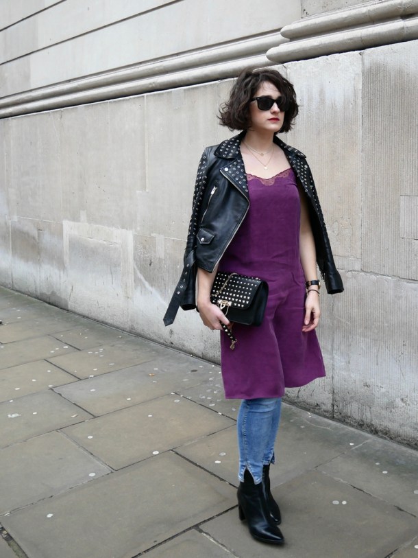 Call Me Katie What I Wore Styling Purple Cami Dress Two Ways for Day and Night with Jeans Leather Jacket White Trainers and Black Boots - 13