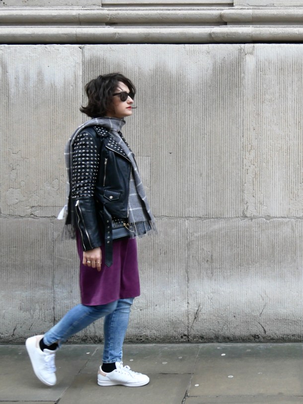 Call Me Katie What I Wore Styling Purple Cami Dress Two Ways for Day and Night with Jeans Leather Jacket White Trainers and Black Boots - 5