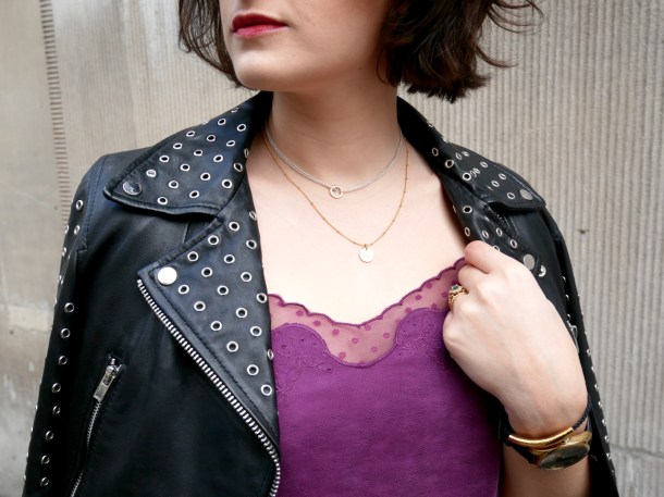 Call Me Katie What I Wore Styling Purple Cami Dress Two Ways for Day and Night with Jeans Leather Jacket White Trainers and Black Boots - 9