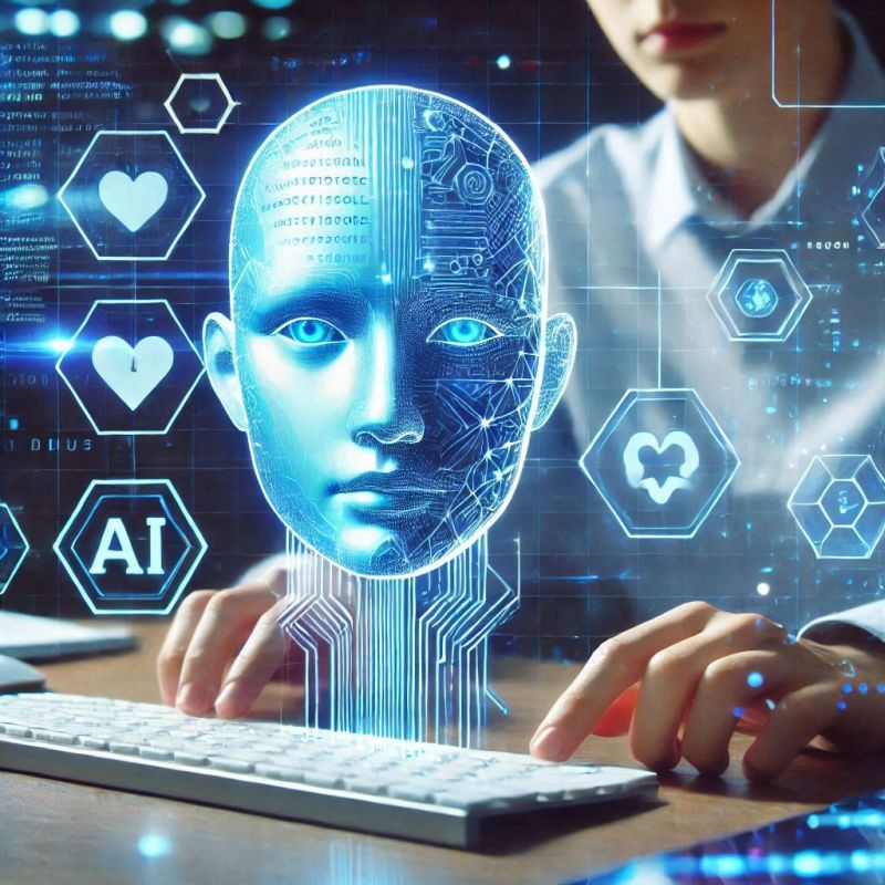 Image created by #Copilot. Image description: An illustration showing a person using a computer with various digital-like symbols and icons around it, and a digitally created robot head coming up from the keyboard, representing artificial intelligence. The background and elements use multiple shades of blue. The image suggests how biases can be embedded within AI systems and technology.
