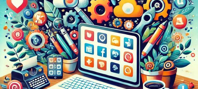 Image created in Copilot. Image description: It features icons and symbols representing social media platforms and generative AI tools, interconnected with lines and digital elements. The background includes abstract shapes and patterns, emphasising the seamless integration and commonalities between these technologies.