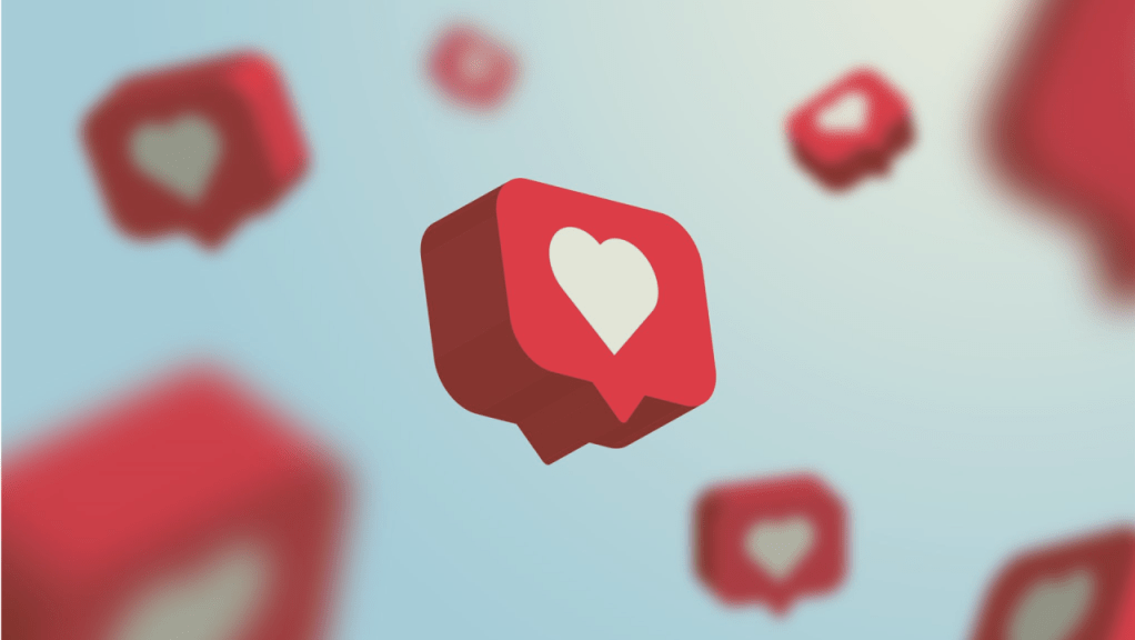 White hearts on red social media speech bubbles against a light blue background