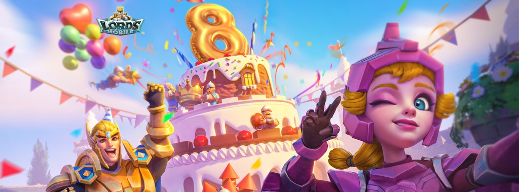 Image of Lord's Mobile characters posing for a "photo" in front of a tiered cake with the number 8 on top, to celebrate the 8th anniversary of the game.